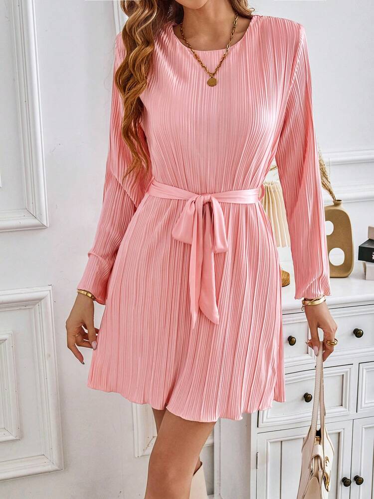 Solid Belted Plisse Belted Dress