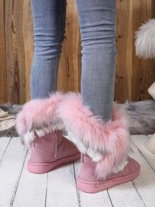Women's Fashion Comfortable Faux Fur Lining Warm Non-Slip Easy On/Off Winter Snow Boots - Pink - View 3