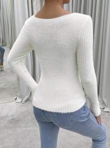 Chiquease Twist Cut Out Front Ribbed Knit Sweater,Long Sleeve Tops Knit Pullover Fall Winter Sweater - Beige - View 2