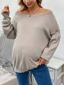 SHEIN Maternity Off Shoulder Drop Sleeve Sweater, For Winter - Khaki - View 3