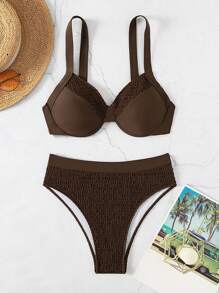 SHEIN Swim Women's Shirred Bra & Swim Bottom Bikini Set Bathing Suit For Summer Beach - Coffee Brown - View 3