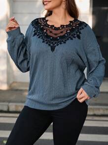 SHEIN LUNE Plus Guipure Lace Insert Drop Shoulder Sweatshirt - Dusty Blue - View 2