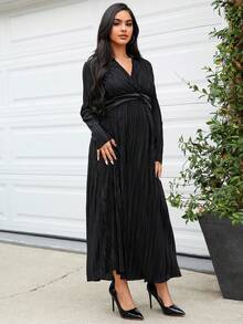 SHEIN 孕婦交疊領下擺開叉洋裝 - 黑色 - 查看 4