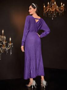 Modelyn 交疊領後背鏤空毛衣洋裝 - 紫色 - 查看 3