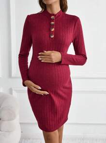 SHEIN 孕婦四分之一按鈕緊身洋裝 - 酒紅色 - 查看 3