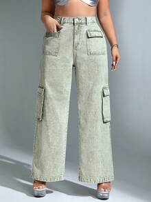 SHEIN ICON Hơn Túi có nắp Quần jean chở hàng - xanh quân đội - Xem 3