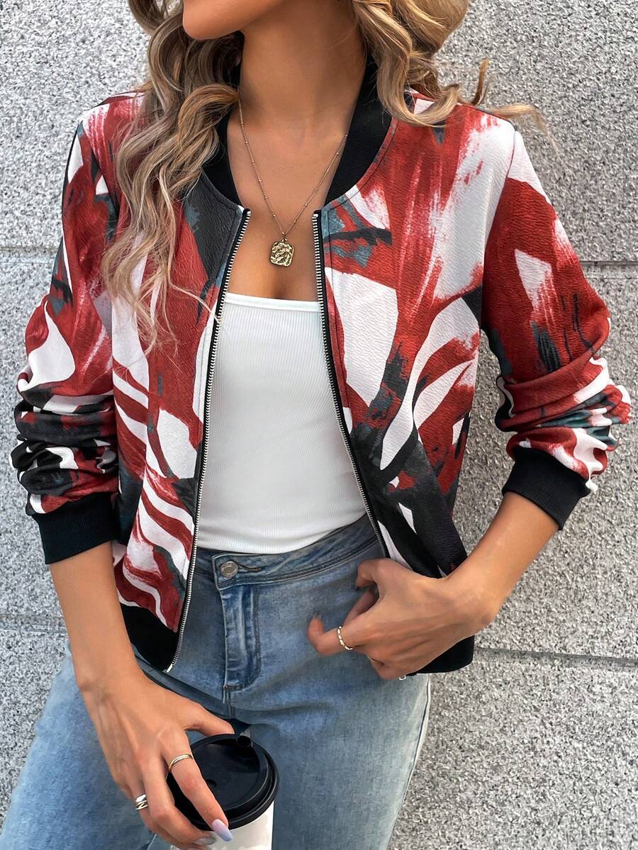 SHEIN LUNE Graphic Print Zip Up Bomber Jacket - Multicolor - View 1