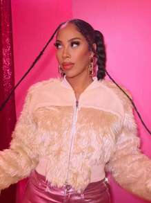 Slaydiva Zip Up Crop Fuzzy Coat - Baby Pink - View 4