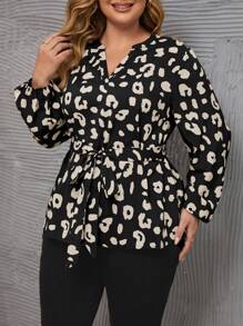 SHEIN LUNE Plus Leopard Print Lantern Sleeve Belted Blouse - Multicolor - View 1