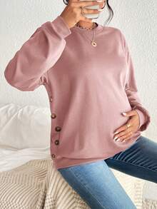 SHEIN 孕婦側邊紐扣落肩袖運動衫 - 粉色 - 查看 4