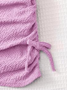 SHEIN Tween Girl Casual Solid Color Round Neck Short Sleeve Dress With Pleated Hem And Side Knot Detail, - Lilac Purple - View 3