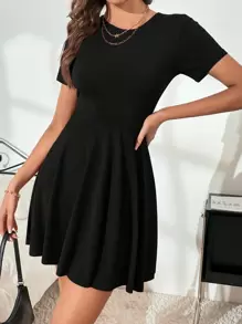 SHEIN Frenchy Solid A-Line Dress Black Summer Casual - Black - View 4