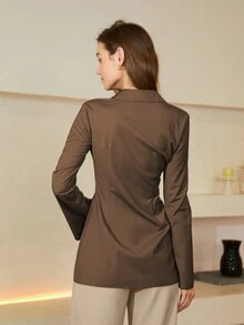 Chất rắn Nút phía trước Áo sơ mi - Màu nâu  Mocha - Xem 2