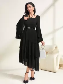 Modelyn Solid Long Flounce Sleeve Ruffle Hem Modest Dress Long Evening Dresses