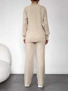 EURMUSE Drop Shoulder Sweater & Knit Pants - Beige - View 3