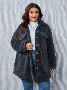 SHEIN LUNE Plus Flap Pocket Drop Shoulder Teddy Coat - Dark Grey - View 5