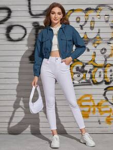 SHEIN Coolane Túi có nắp Thả vai Dây rút áo có mũ Áo Jacket Crop - Màu xanh bụi bặm - Xem 4