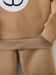 SHEIN 小男孩卡通图案插肩袖 3D 耳朵设计保暖衬里运动衫和运动裤熊睡衣棕色婴儿睡衣 - 棕色 - 查看 7