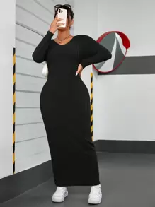 SHEIN EZwear Plus Rochie Lungă cu Decolteu în V Rochie Lungă - Negru - Vizualizare 4