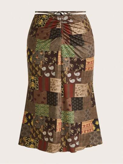 Fairycore Talla grande Falda con retazo con estampado de retazo con cordón fruncido con cordón trasero