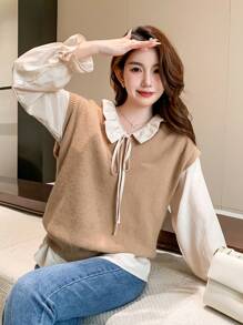 DAZY Solid Sweater Vest Without Blouse,Ruffle - Khaki - View 4