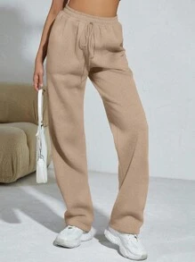 SHEIN Unity 素色腰部抽繩斜口袋衛褲 - 摩卡棕 - 查看 3