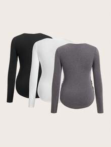 SHEIN Maternidad 3 piezas Camiseta huella & con estampado de letra fruncido bajo curvo - Multicolor - Ver 2