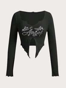 SHEIN ICON 字母水鑽不對稱下擺短款T恤 - 黑色 - 查看 1