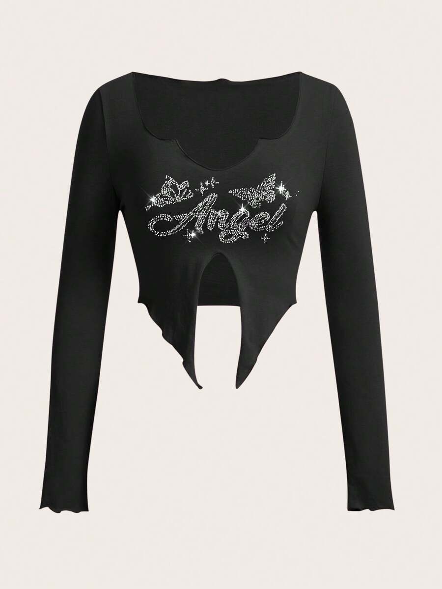 SHEIN ICON 字母水鑽不對稱下擺短款T恤 - 黑色 - 查看 1