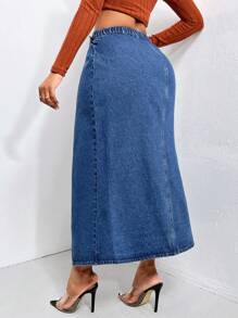 SHEIN SXY 高腰翻蓋口袋圍裹牛仔半身裙 - 深色水洗藍 - 查看 2