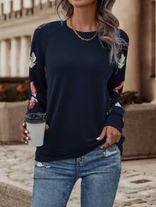 SHEIN LUNE 羽毛印花插肩袖運動衫 - 藏蓝色 - 查看 4