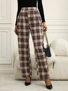 SHEIN Clasi 格紋印花斜口袋長褲 - 卡其色 - 查看 6