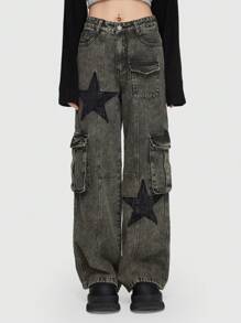 ROMWE Grunge Punk Pantalones vaqueros tipo cargo para novio con bolsillos con solapa y estampado de estrellas, para la escuela