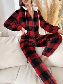 水牛格纹抽绳连帽拉链法兰绒舒适睡衣连体衣，蓬松柔软，圣诞节，冬季 - 彩色 - 查看 5