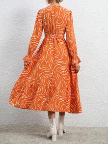 SHEIN Frenchy Allover Print Flare Sleeve Belted Dress - Multicolor - View 2