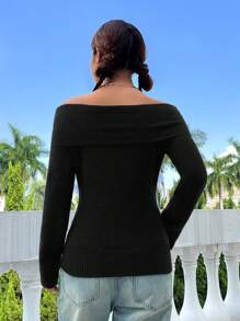 SHEIN Unity Off Shoulder Foldover Knit Pullover Fall Winter Sweater - Black - View 2