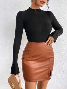 SHEIN Privé Flounce Sleeve Mock Neck Sweater - Black - View 3