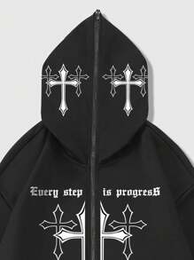 ROMWE MEN Goth Nam Vượt qua & In Khẩu hiệu Dây kéo Hoodie - màu đen - Xem 7