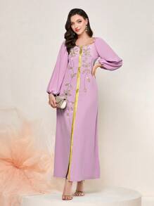 Al Najma Floral Embroidery Contrast Trim Lantern Sleeve Kaftan Dress - Pink - View 1