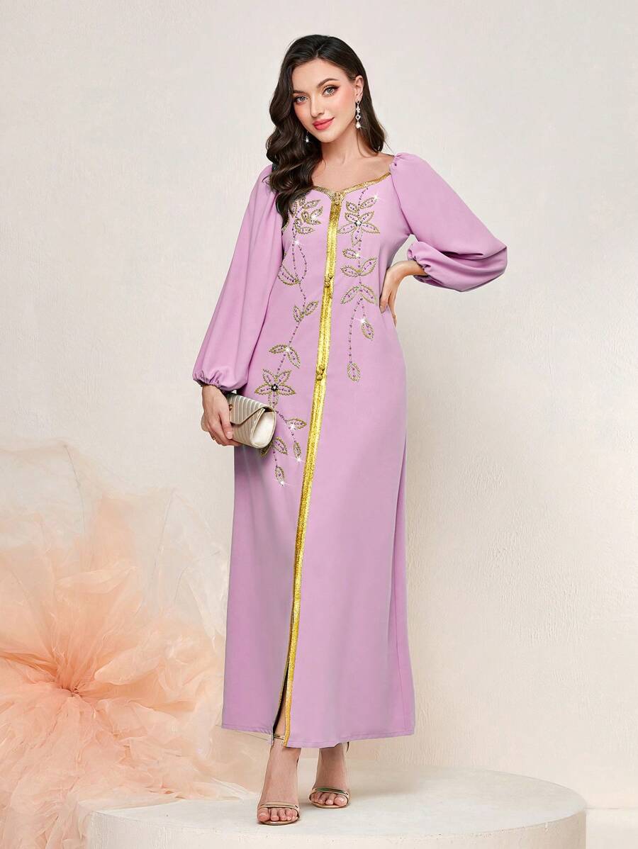 Al Najma Floral Embroidery Contrast Trim Lantern Sleeve Kaftan Dress - Pink - View 1