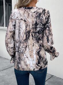 EMERY ROSE Marble Print Flounce Sleeve Blouse - Apricot - View 2