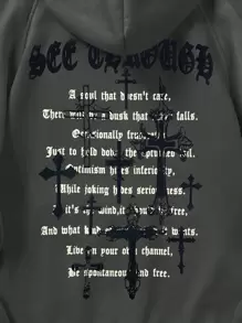 ROMWE MEN Goth 男士標語圖案插肩袖抽繩保暖襯裡連帽衫 - 深灰色 - 查看 4