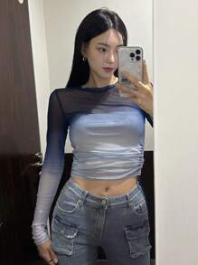 DAZY Ombre Ruched Mesh Top Without Tube Top Going Out Tops Festival Sheer Long Sleeve Women Tops Crop Women Tops - Blue - View 3