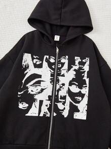 少女图案拉链卫衣 - 黑色 - 查看 4