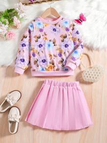 SHEIN Young Girl Floral Print Sweatshirt & Pleated Skirt - Pink - View 1