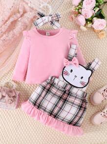 Baby Girl Ruffle Trim Tee & Plaid Print Overall Dress & Headband - Pink - View 1