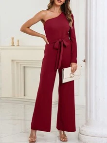 One Shoulder Belted Wide Leg Jumpsuit - Red - View 6