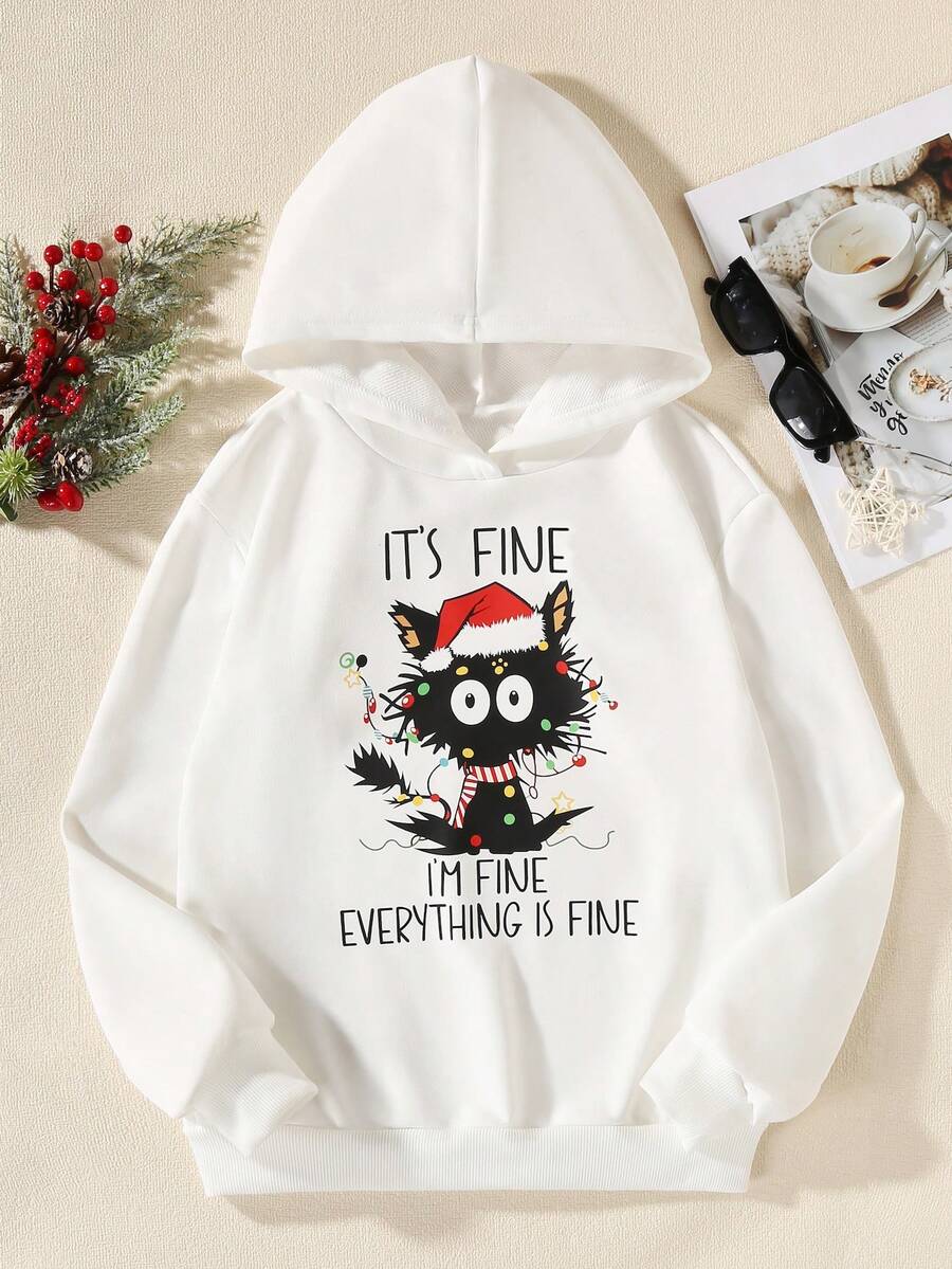 SHEIN 女大童貓和標語圖案連帽加絨內裏運動衫適用於聖誕 - 白色 - 查看 1