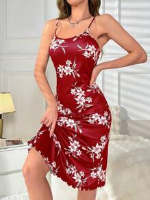 Floral Print Lettuce Trim Cami Pajama Nightdress PerfectSummer - Red - View 4