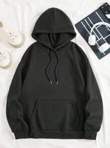 SHEIN EZwear 汽車和字母圖案抽繩加絨內裏連帽衫 - 黑色 - 查看 2